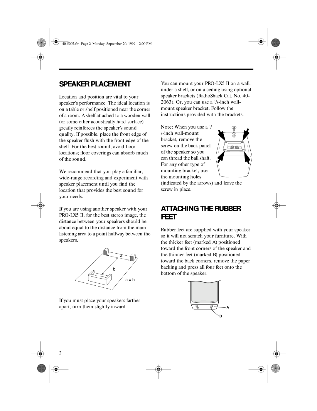 RCA PRO LX5 II manual Speaker Placement, Attaching the Rubber Feet 