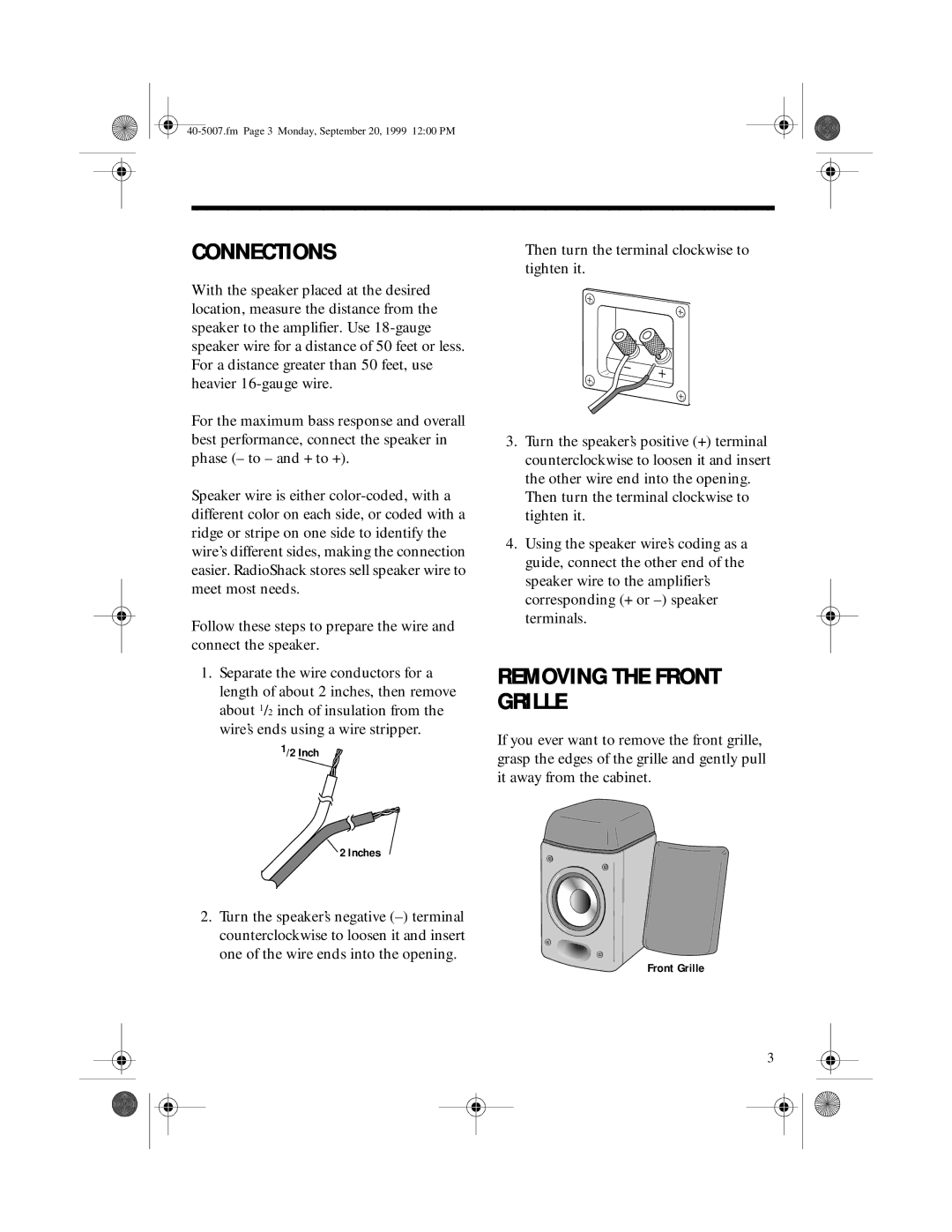 RCA PRO LX5 II manual Connections, Removing the Front Grille 