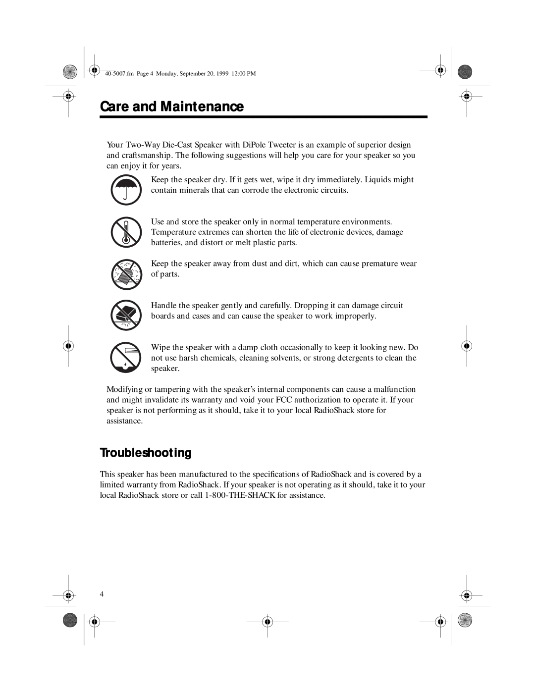 RCA PRO LX5 II manual Care and Maintenance, Troubleshooting 