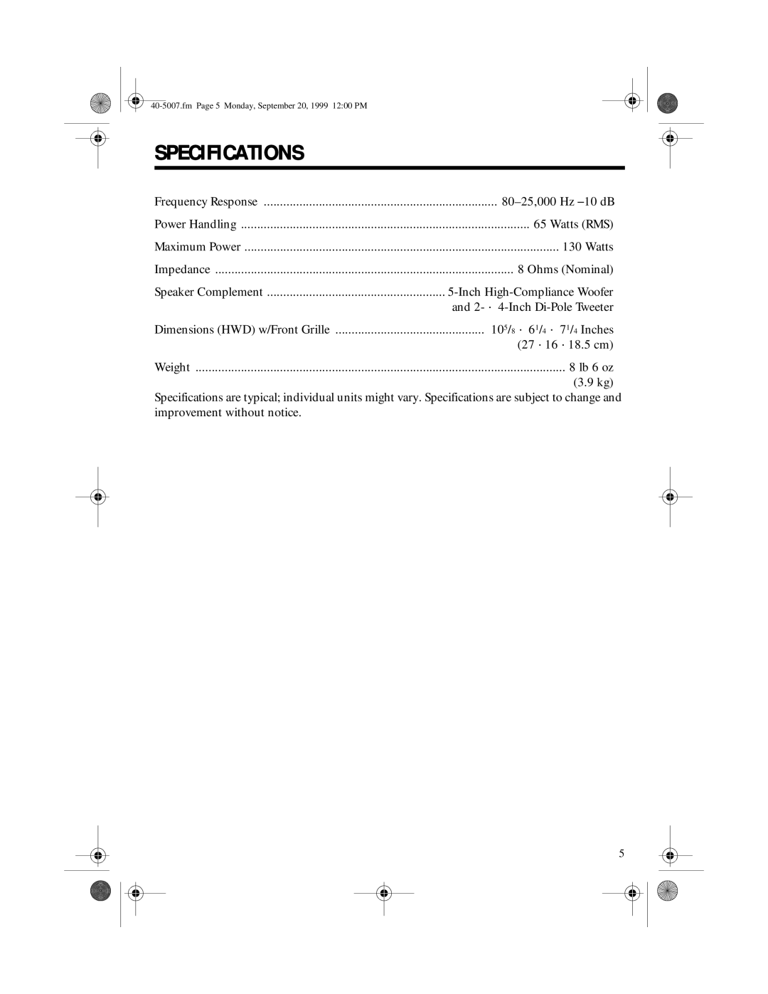 RCA PRO LX5 II manual Specifications 