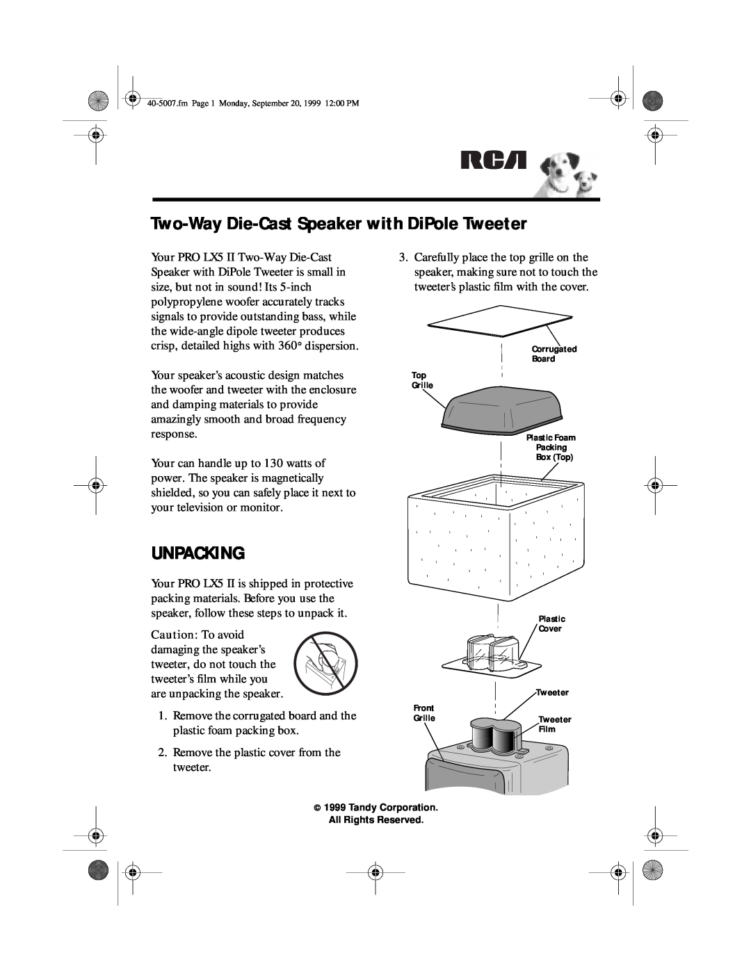 RCA PRO LX5 II manual Two-Way Die-CastSpeaker with DiPole Tweeter, Unpacking 