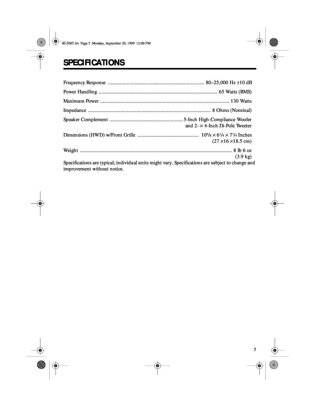 RCA PRO LX5 II manual Specifications 