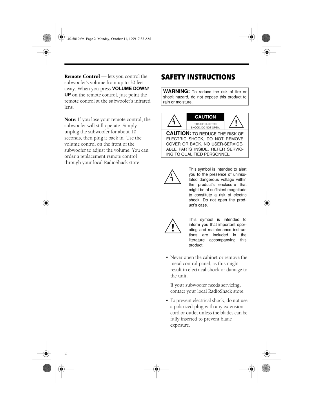 RCA PRO-SW200P, 40-5019 manual Safety Instructions 