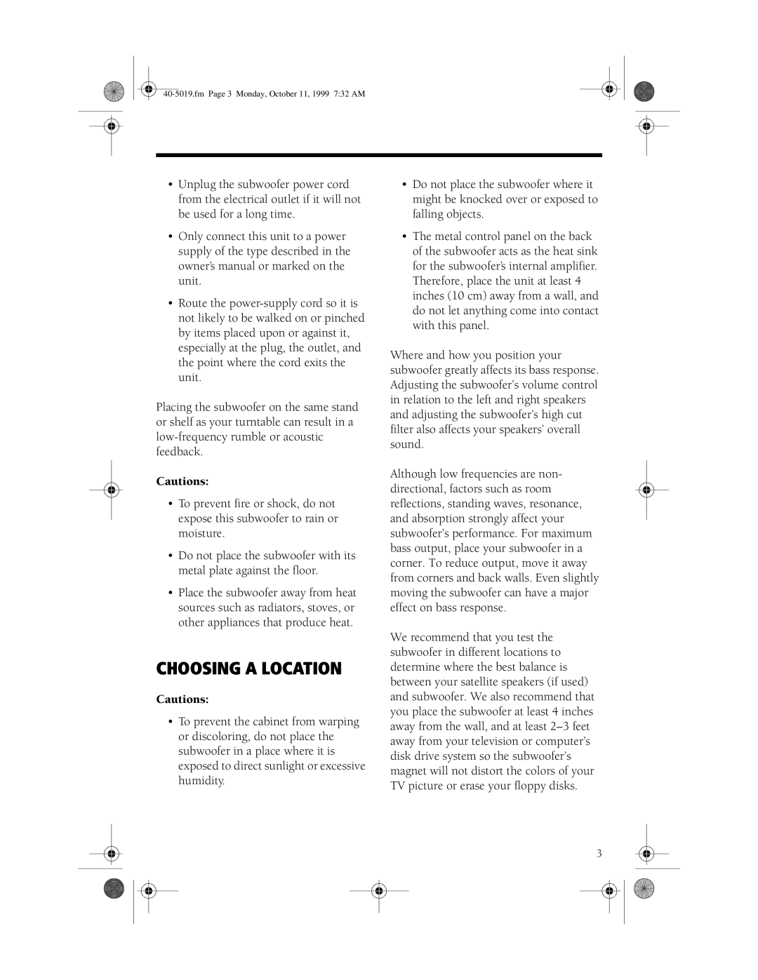 RCA 40-5019, PRO-SW200P manual Choosing a Location 