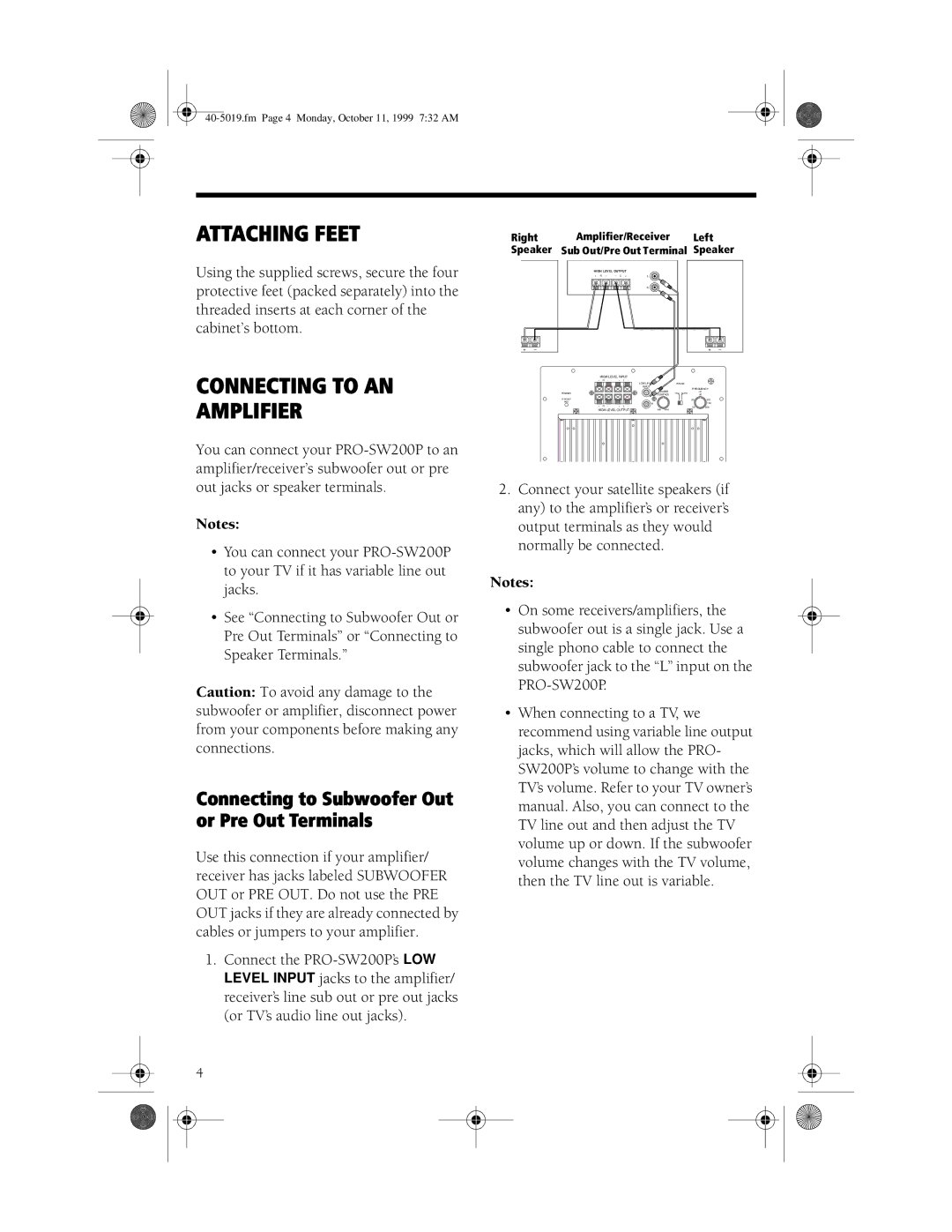 RCA PRO-SW200P, 40-5019 manual Attaching Feet, Connecting to AN Amplifier, Connecting to Subwoofer Out or Pre Out Terminals 