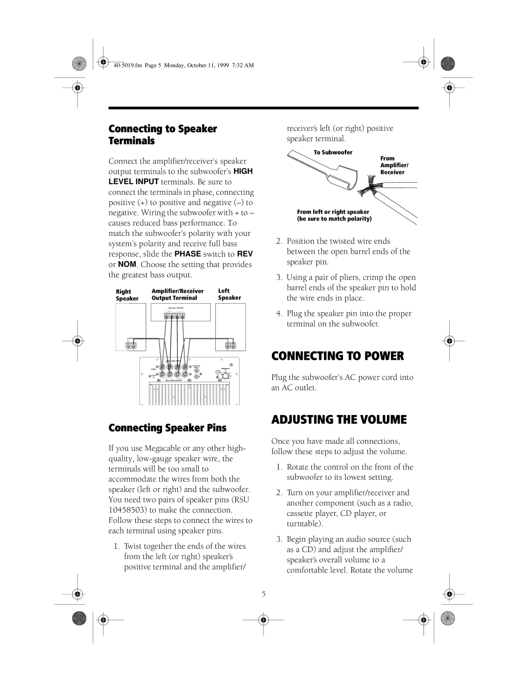 RCA 40-5019 manual Connecting to Power, Adjusting the Volume, Connecting to Speaker Terminals, Connecting Speaker Pins 