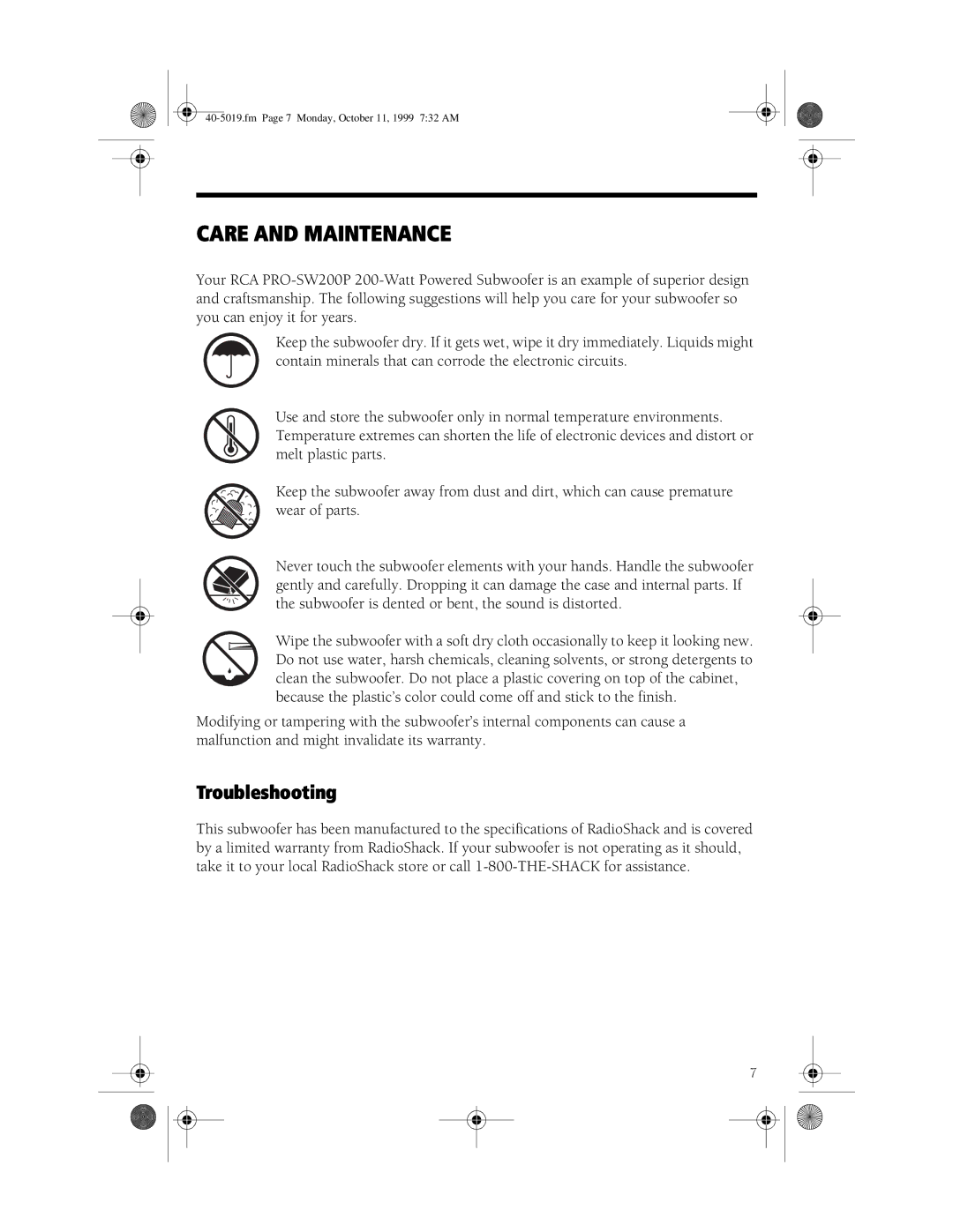 RCA 40-5019, PRO-SW200P manual Care and Maintenance, Troubleshooting 