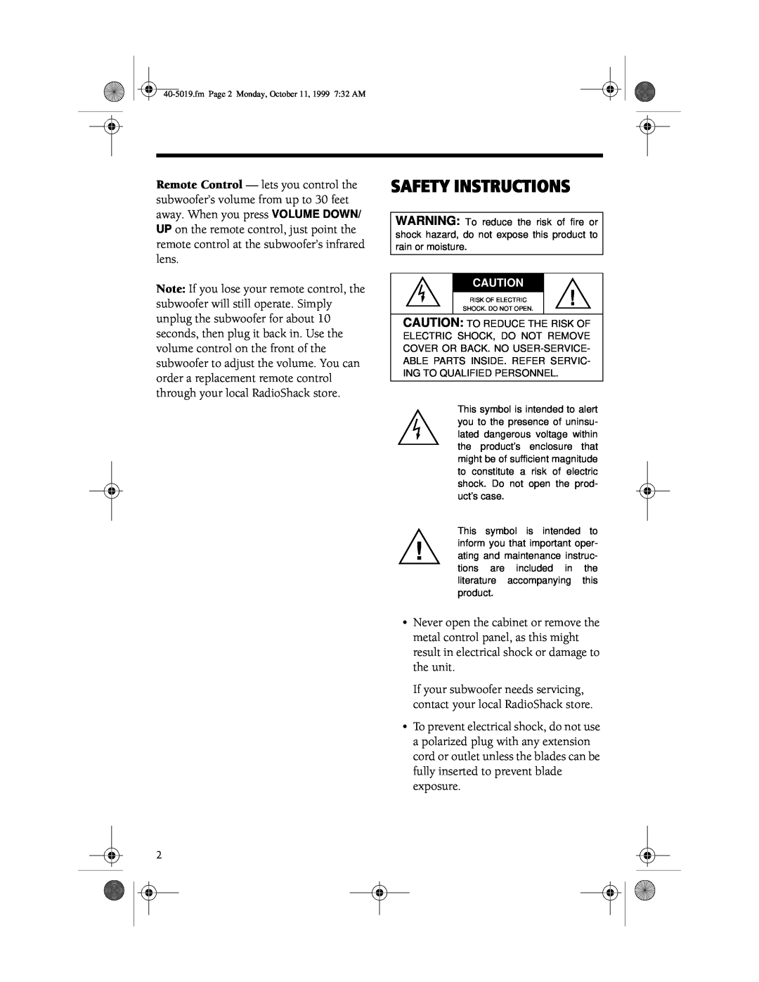 RCA PRO-SW200P, 40-5019 manual Safety Instructions 