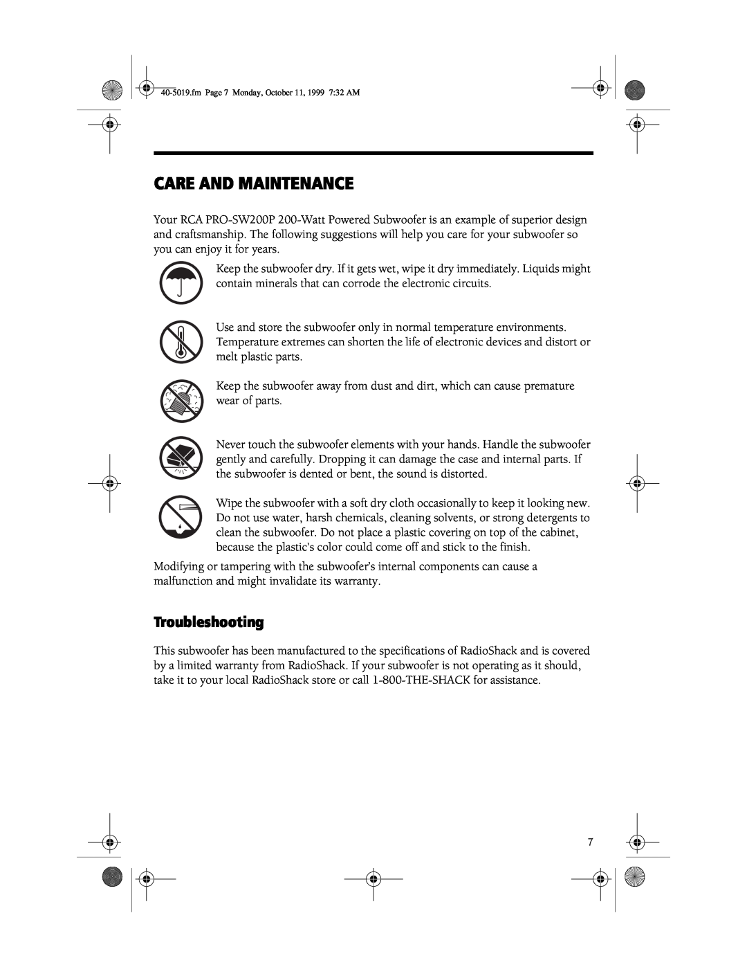 RCA 40-5019, PRO-SW200P manual Care And Maintenance, Troubleshooting 
