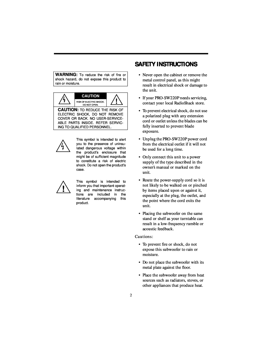 RCA PRO-SW220P manual Safety Instructions, Cautions 