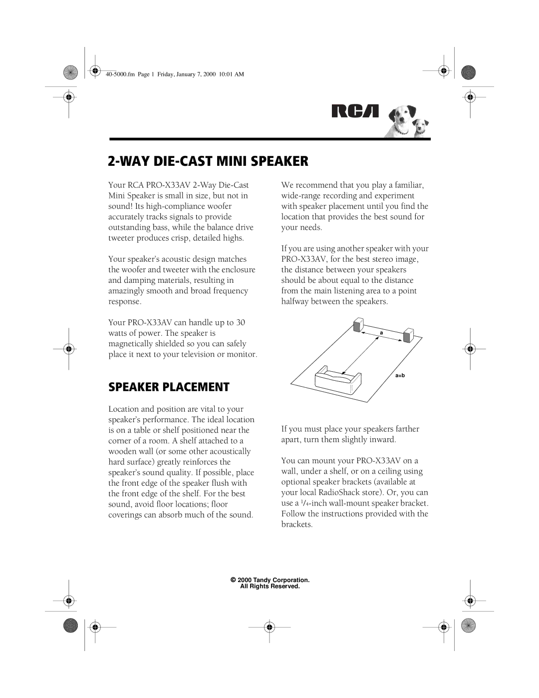 RCA PRO-X33AV manual WAY DIE-CAST Mini Speaker, Speaker Placement 