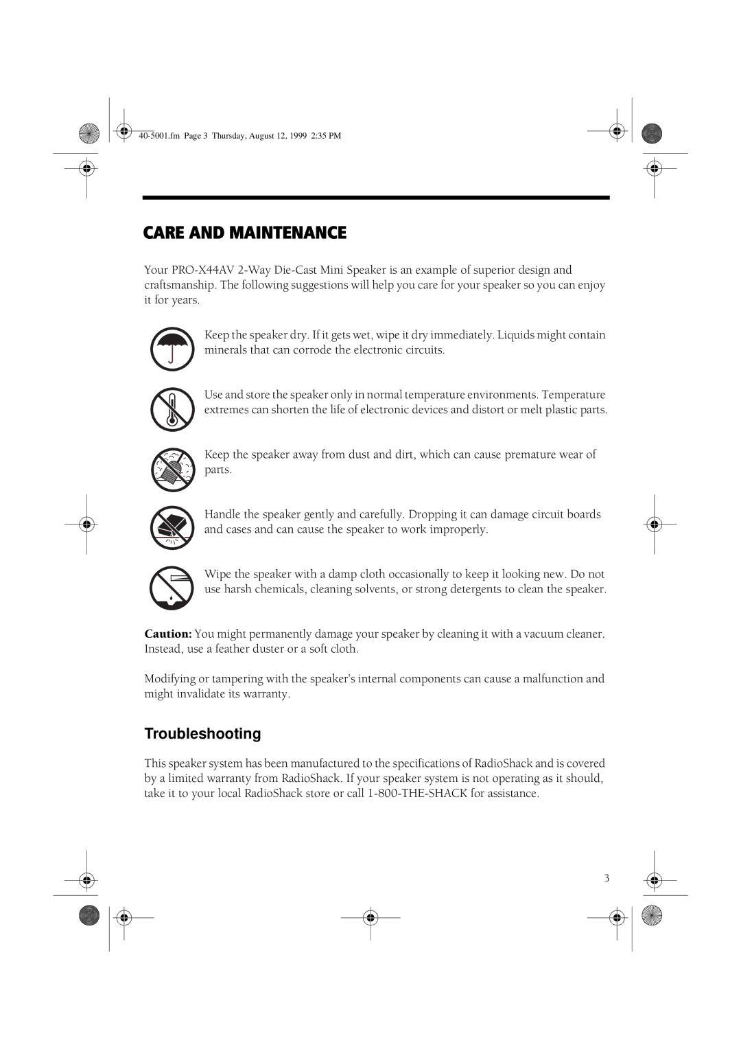 RCA PRO-X44AV manual Care and Maintenance, Troubleshooting 