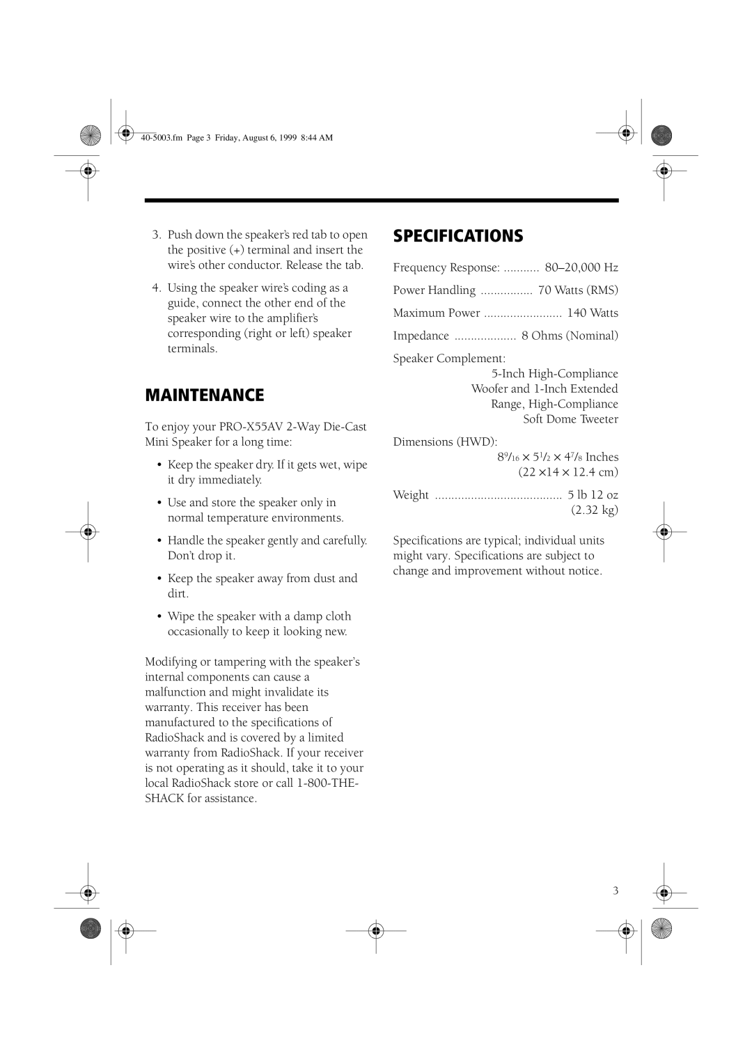 RCA PRO-X55AV manual Maintenance, Specifications 