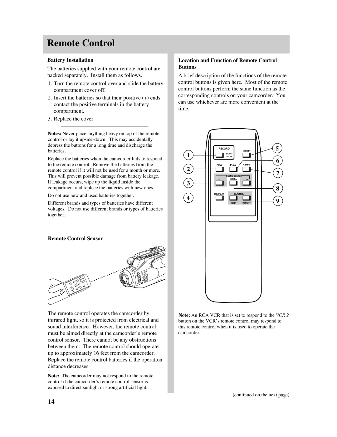 RCA PRO807 owner manual Remote Control, Battery Installation 