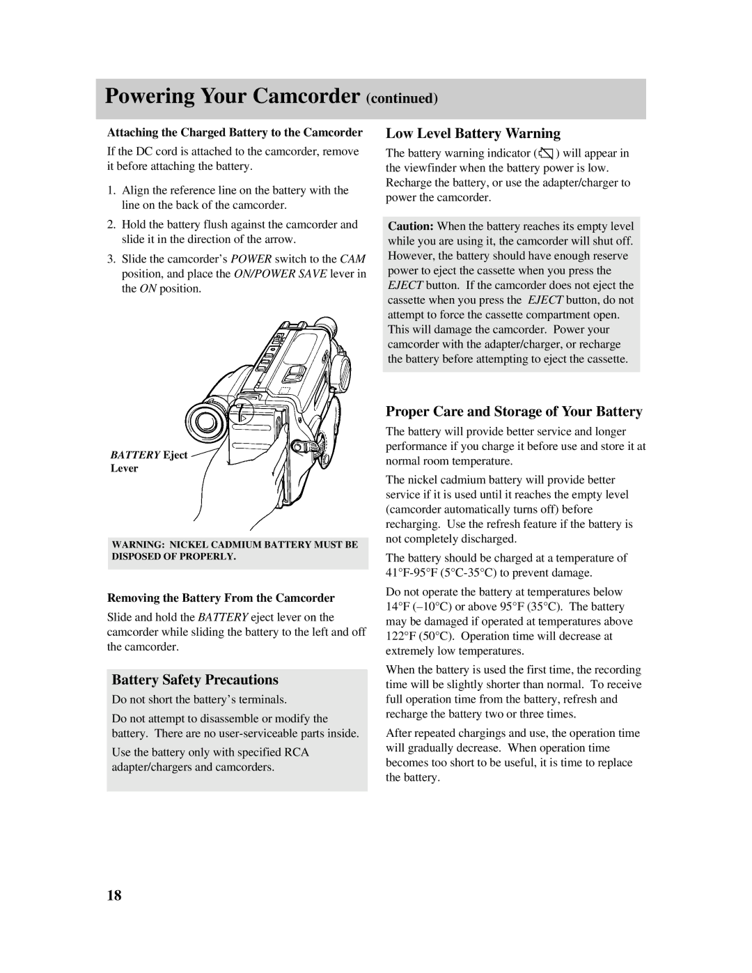 RCA PRO807 owner manual Low Level Battery Warning, Proper Care and Storage of Your Battery, Battery Safety Precautions 