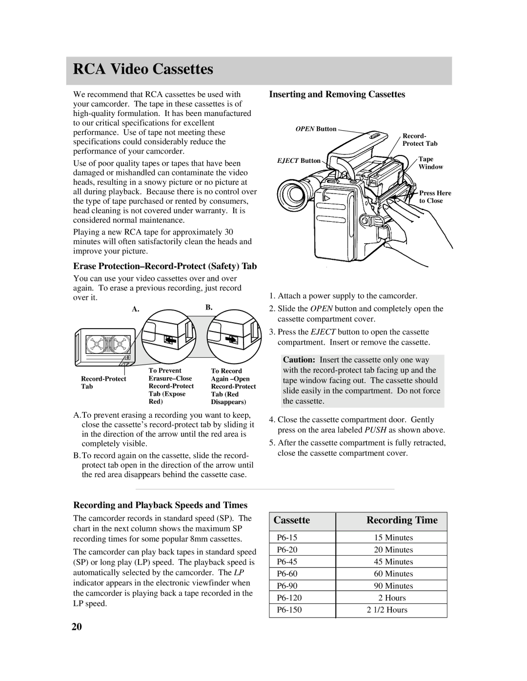 RCA PRO807 owner manual RCA Video Cassettes, Cassette Recording Time, Erase Protection-Record-Protect Safety Tab 