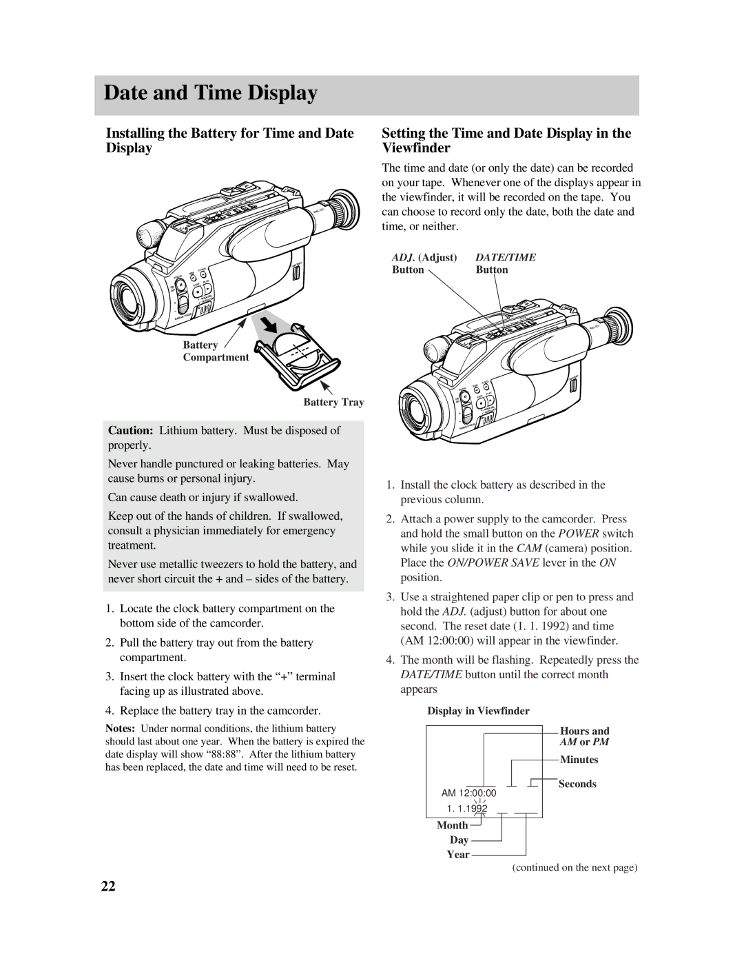 RCA PRO807 owner manual Date and Time Display, Installing the Battery for Time and Date Display 