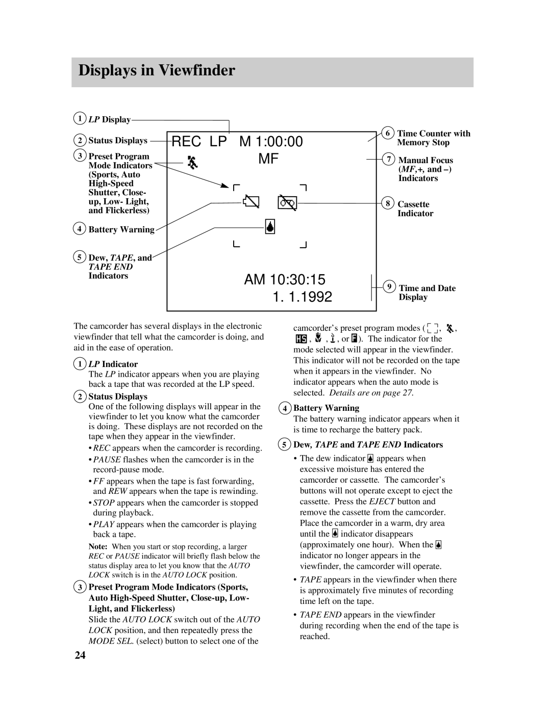 RCA PRO807 owner manual Displays in Viewfinder 