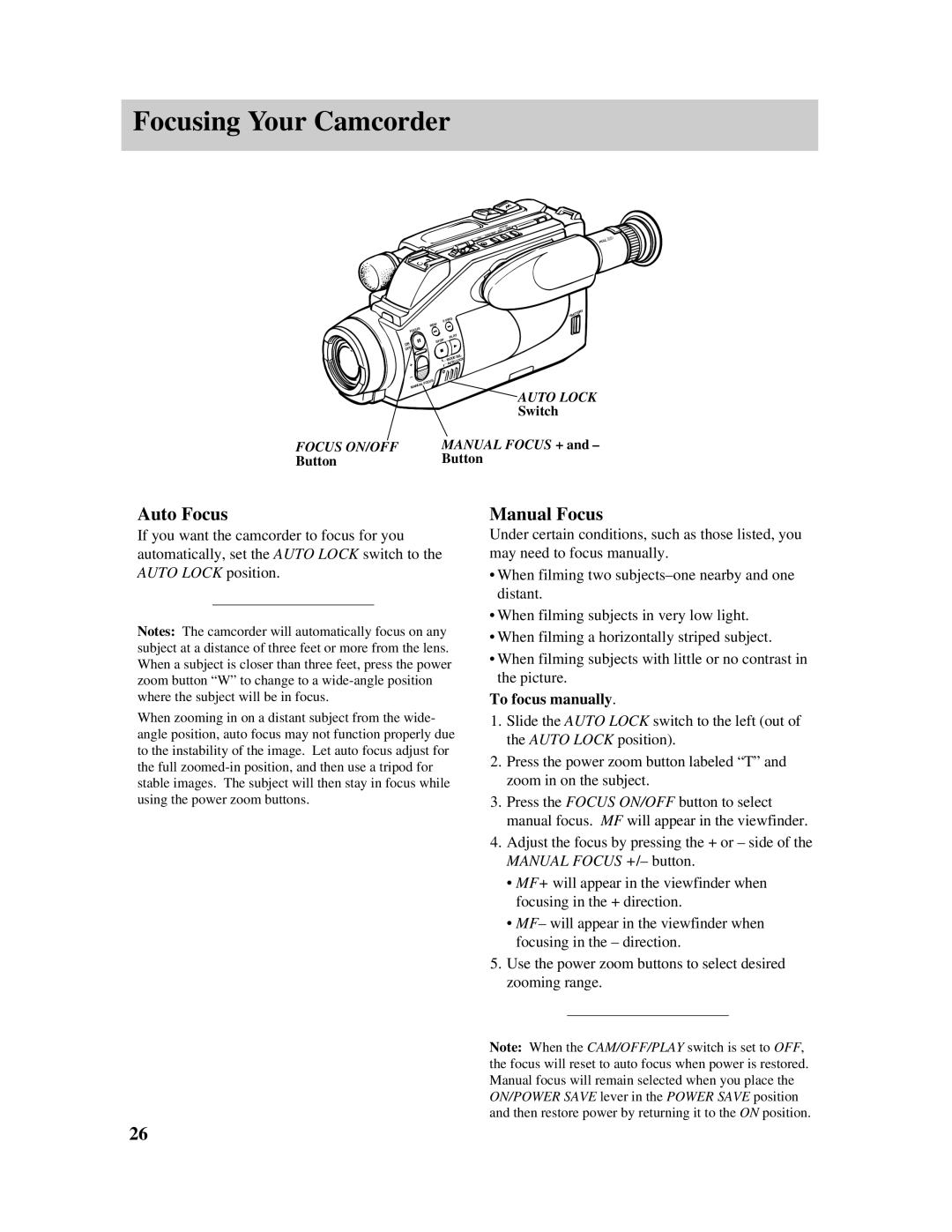 RCA PRO807 owner manual Focusing Your Camcorder, Auto Focus, Manual Focus, To focus manually, Switch 