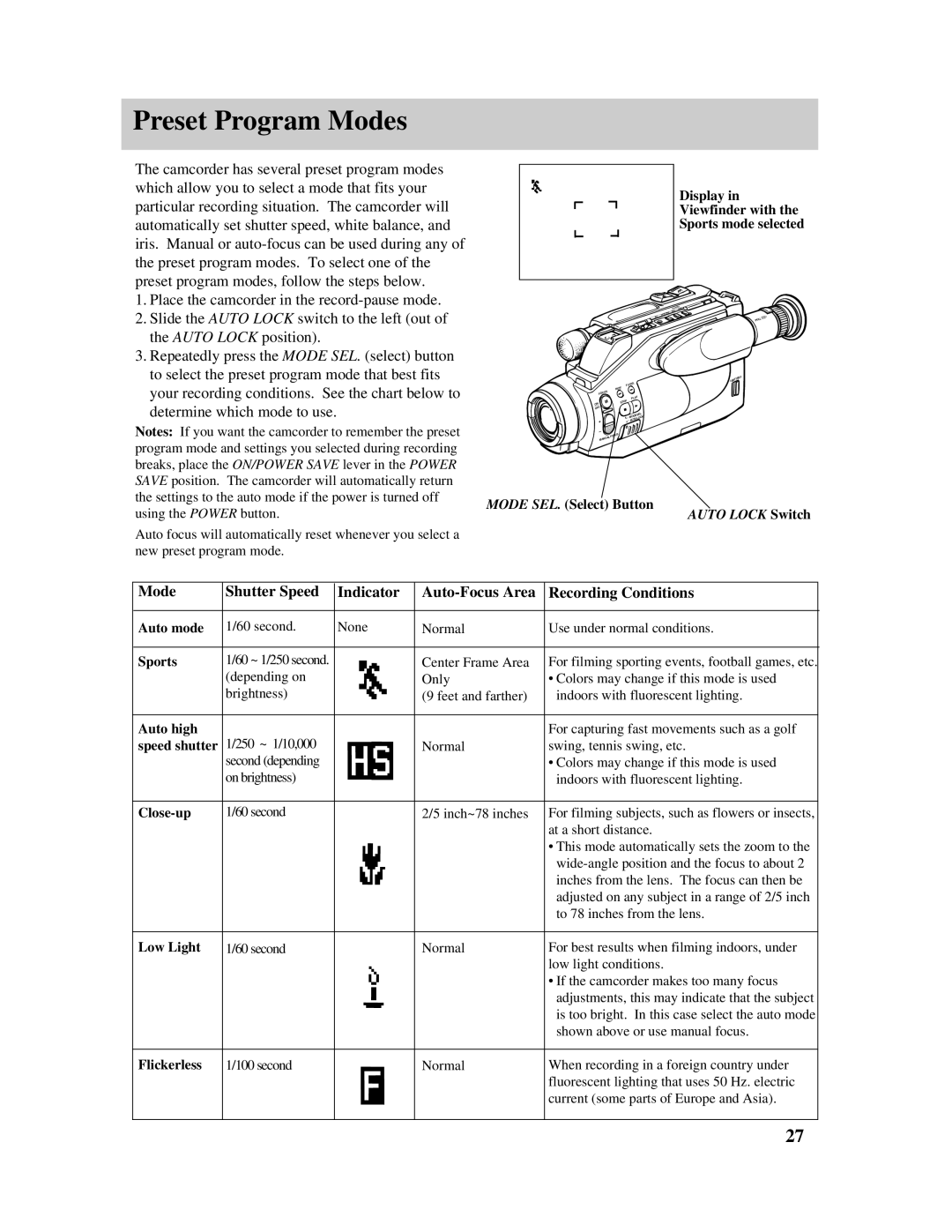 RCA PRO807 owner manual Preset Program Modes, Sports 