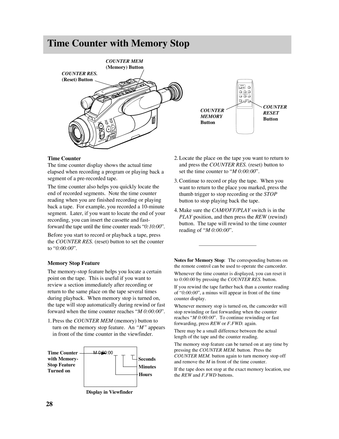 RCA PRO807 owner manual Time Counter with Memory Stop, Memory Stop Feature, MEMORYButton 