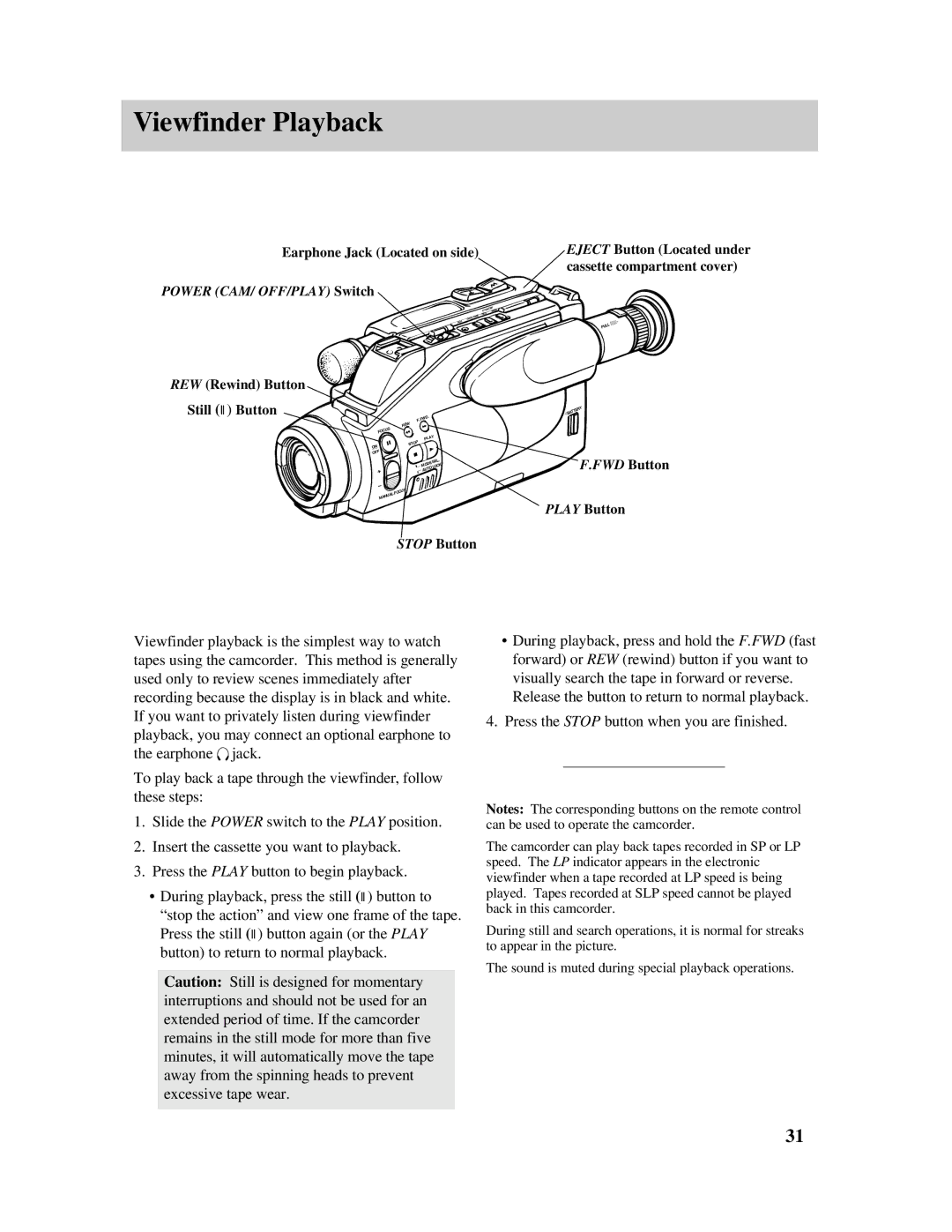 RCA PRO807 owner manual Viewfinder Playback, Power CAM/ OFF/PLAY Switch, FWD Button 