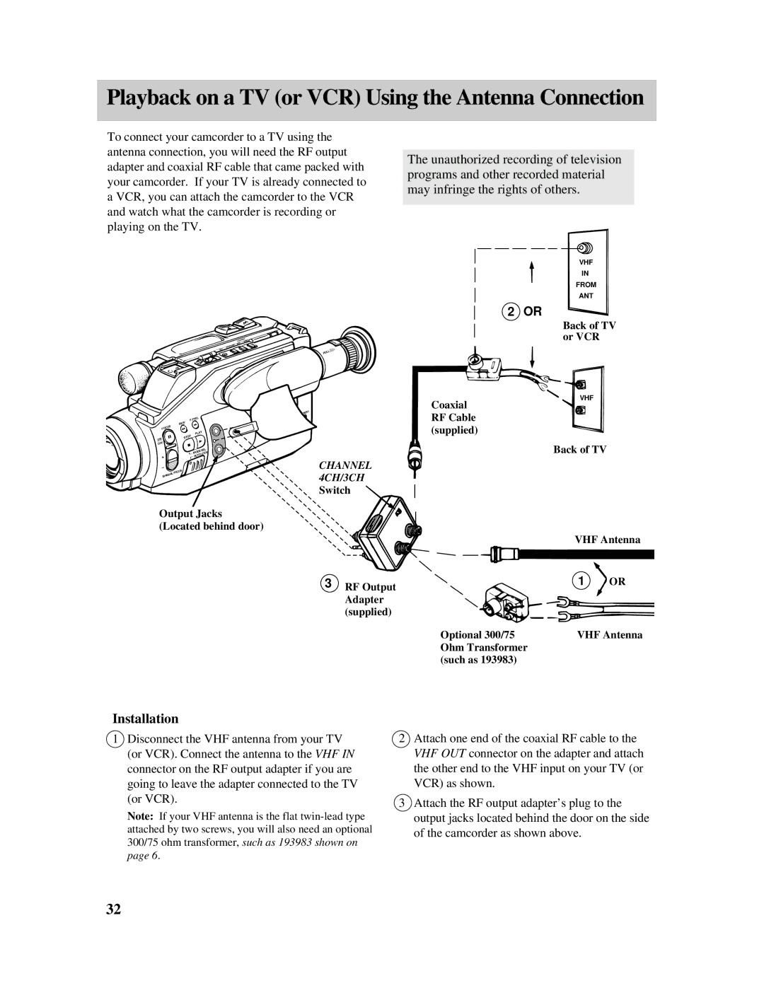 RCA PRO807 owner manual Installation, Channel 4CH/3CH Switch 