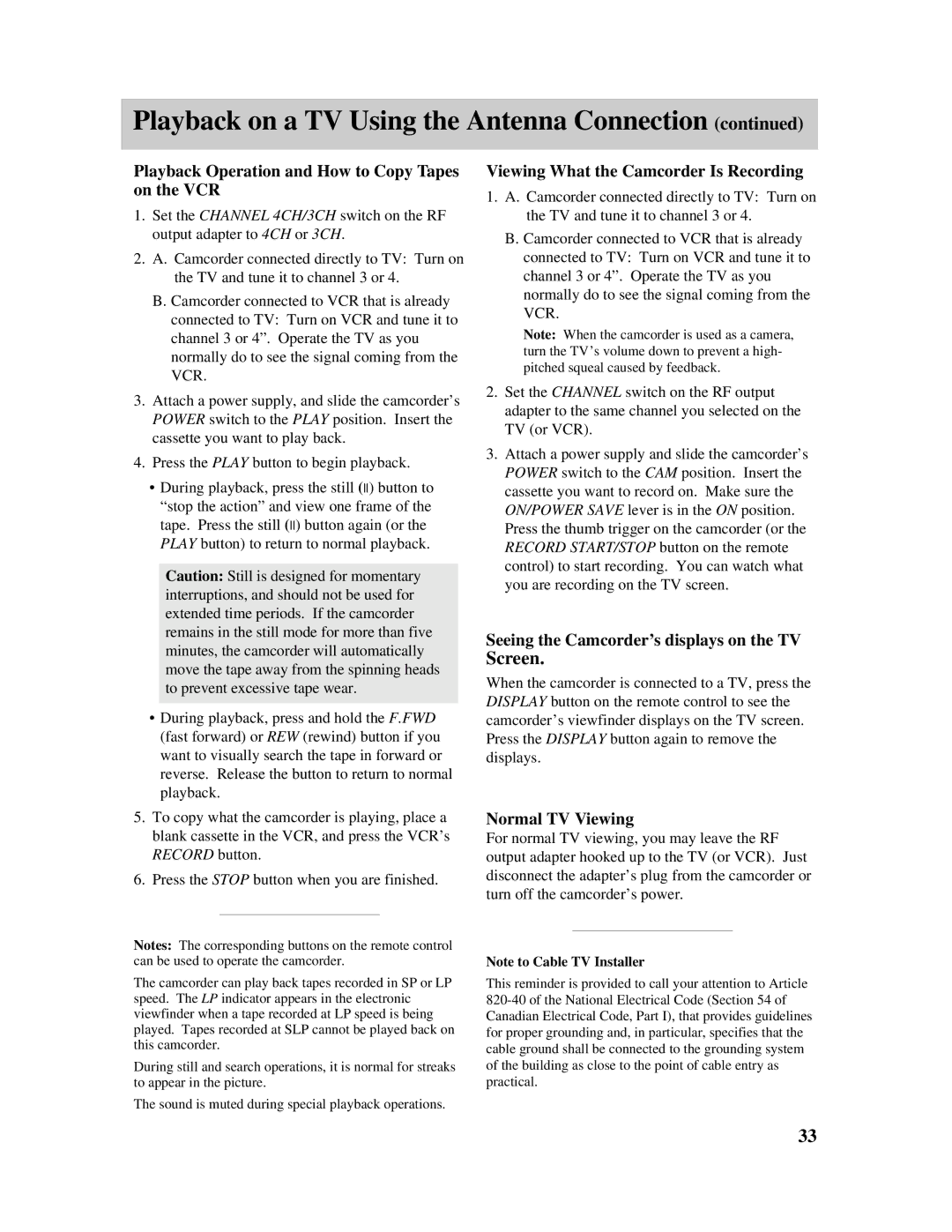 RCA PRO807 owner manual Playback on a TV Using the Antenna Connection, Screen 