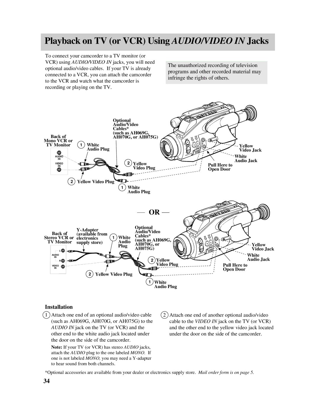 RCA PRO807 owner manual Playback on TV or VCR Using AUDIO/VIDEO in Jacks 