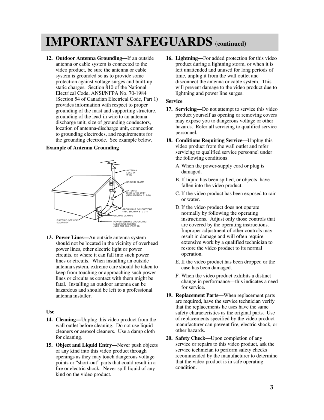 RCA PRO807 owner manual Conditions Requiring Service-Unplug this, Use, Replacement Parts-When replacement parts 