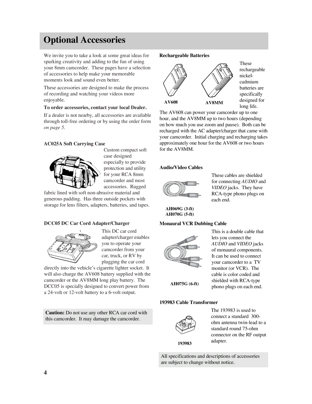 RCA PRO807 owner manual Optional Accessories 