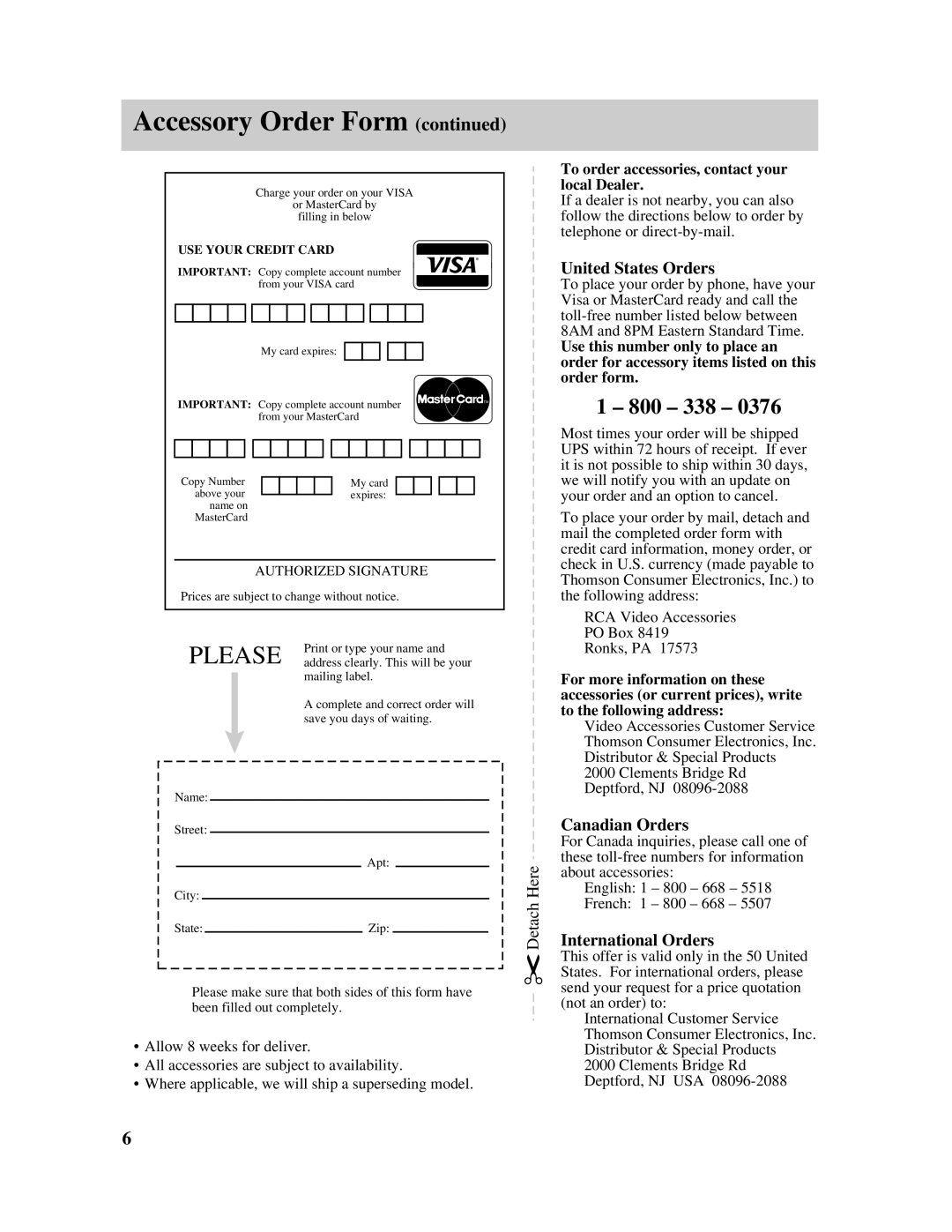 RCA PRO807 owner manual Accessory Order Form, United States Orders, Canadian Orders, International Orders 