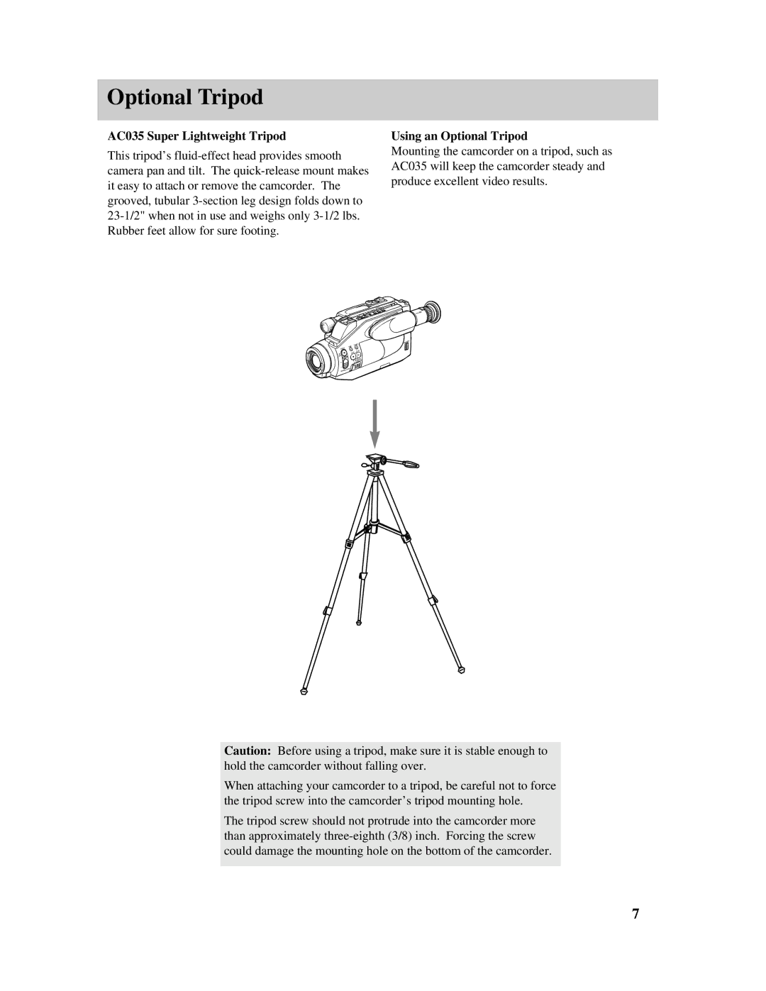 RCA PRO807 owner manual AC035 Super Lightweight Tripod, Using an Optional Tripod 