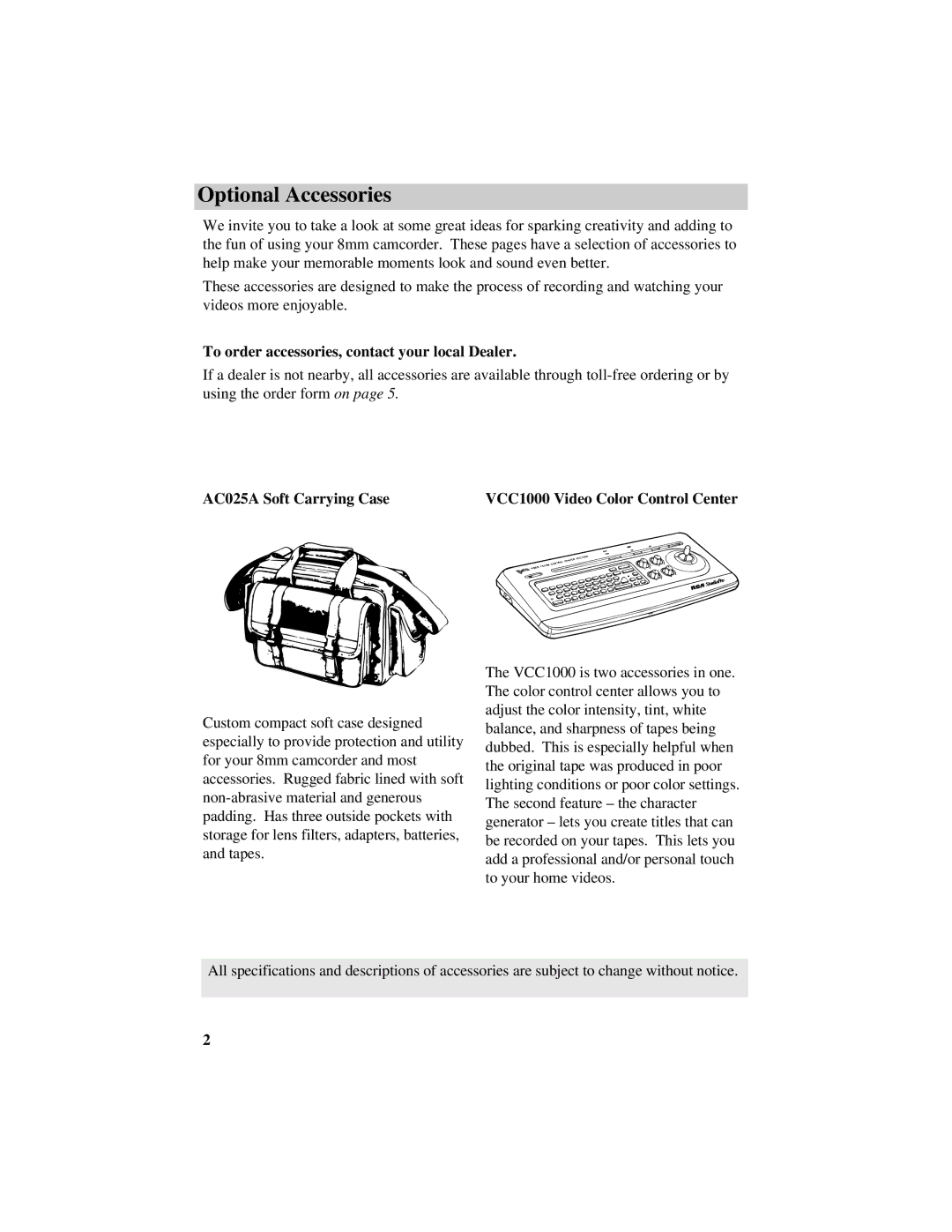 RCA Pro809 specifications Optional Accessories, To order accessories, contact your local Dealer 