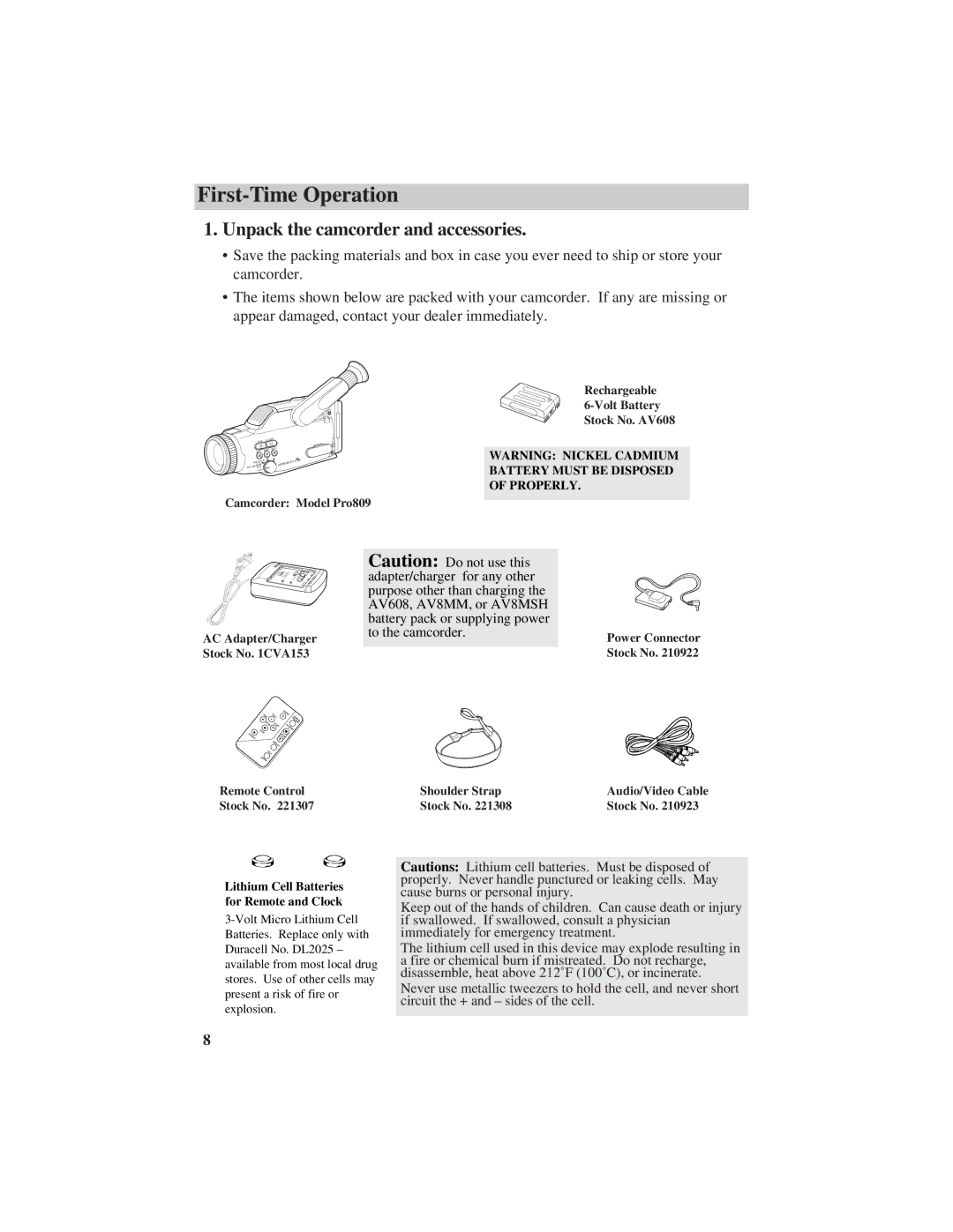 RCA Pro809 specifications First-Time Operation, Unpack the camcorder and accessories 