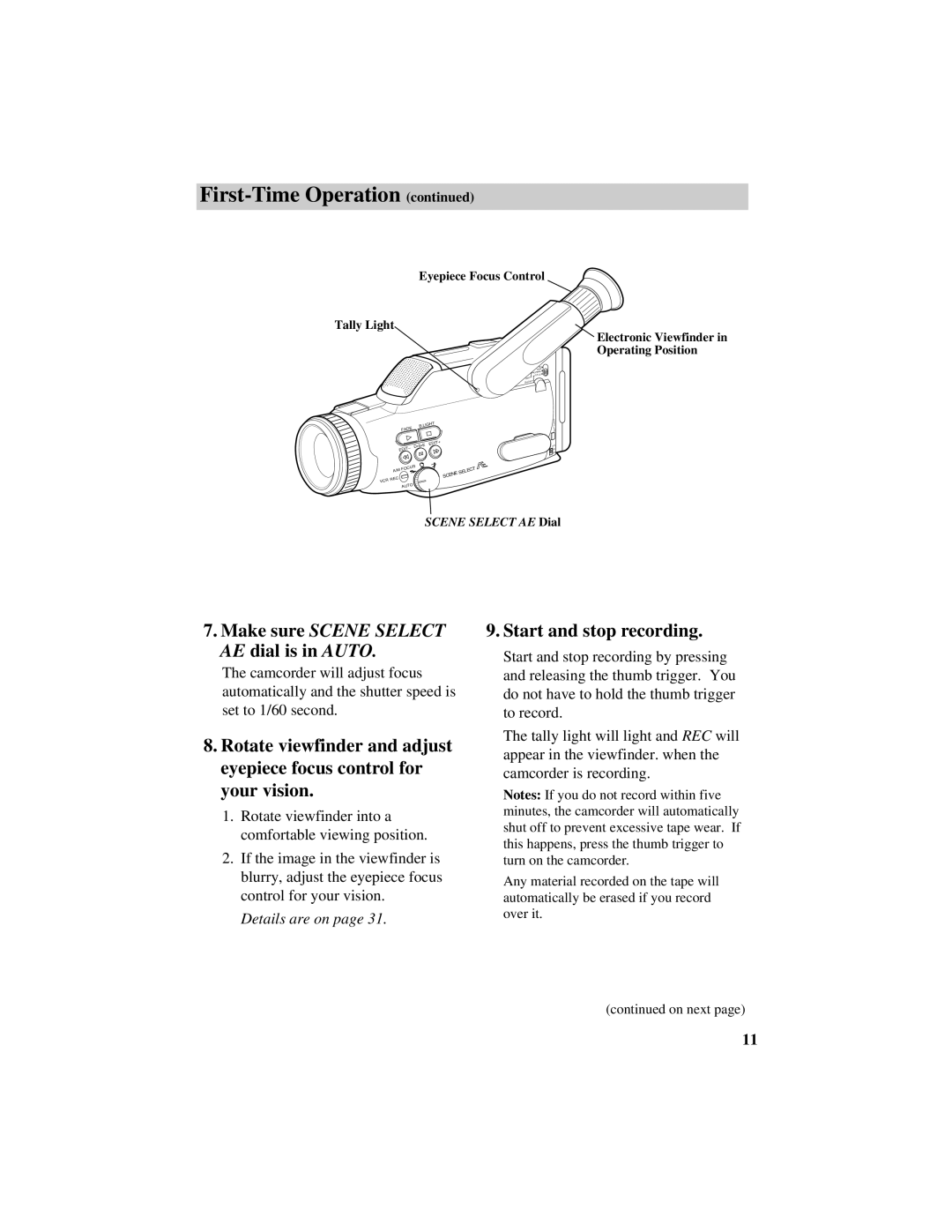 RCA Pro809 specifications Start and stop recording, Make sure Scene Select AE dial is in Auto 