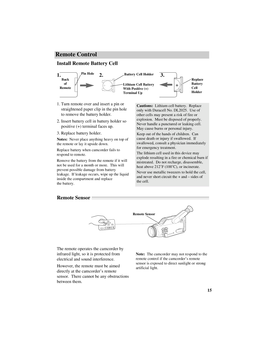 RCA Pro809 specifications Remote Control, Install Remote Battery Cell, Remote Sensor 