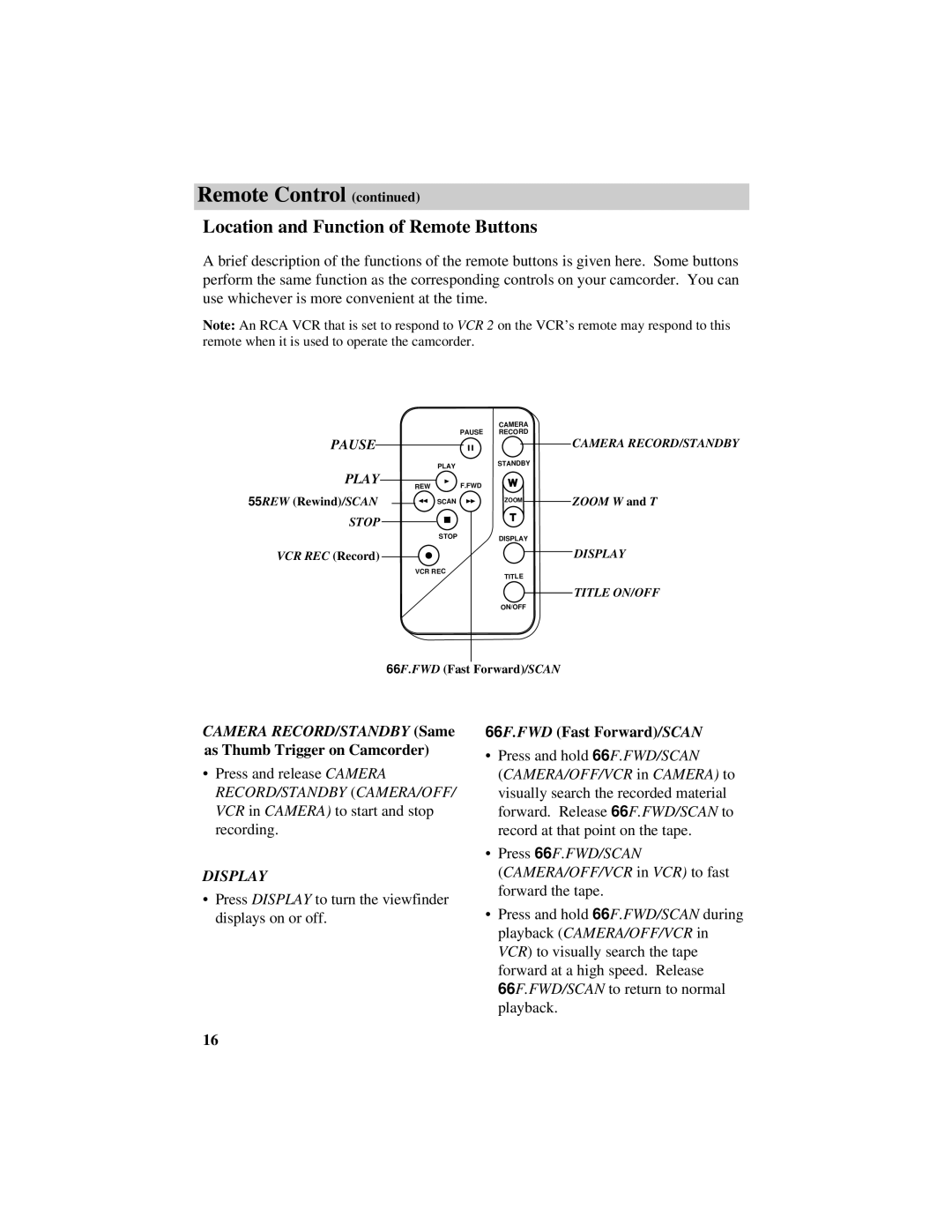 RCA Pro809 specifications Location and Function of Remote Buttons, As Thumb Trigger on Camcorder, 66F.FWD Fast Forward/SCAN 