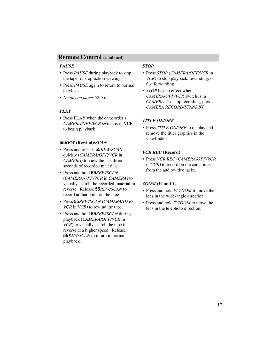 RCA Pro809 specifications Details on pages, 55REW Rewind/SCAN 