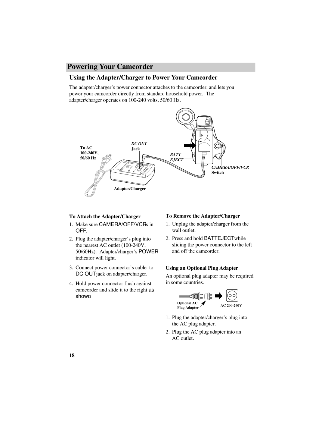 RCA Pro809 Powering Your Camcorder, Using the Adapter/Charger to Power Your Camcorder, To Attach the Adapter/Charger 