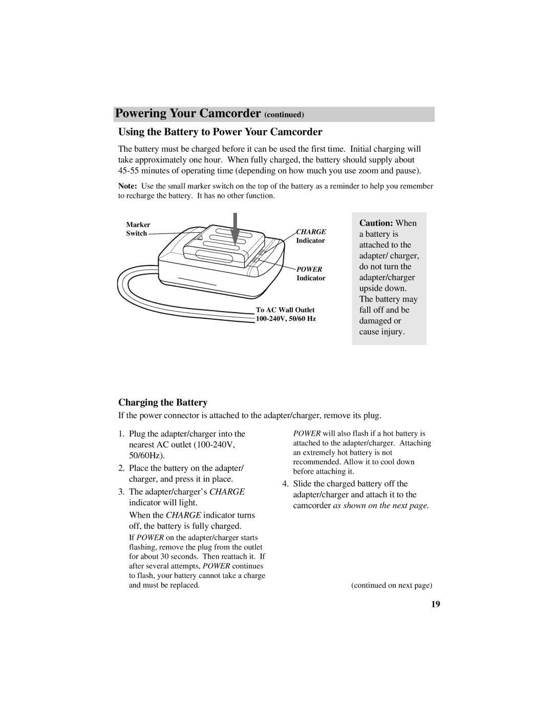 RCA Pro809 specifications Using the Battery to Power Your Camcorder, Charging the Battery 