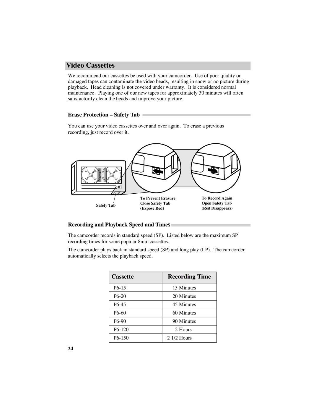 RCA Pro809 Video Cassettes, Cassette Recording Time, Erase Protection Safety Tab, Recording and Playback Speed and Times 