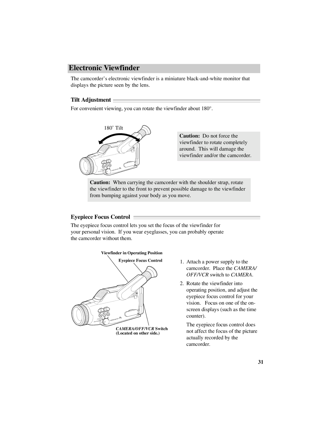 RCA Pro809 specifications Electronic Viewfinder, Tilt Adjustment, Eyepiece Focus Control 