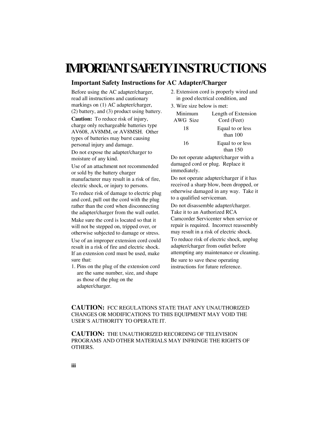 RCA Pro809 specifications Important Safety Instructions for AC Adapter/Charger, Iii 