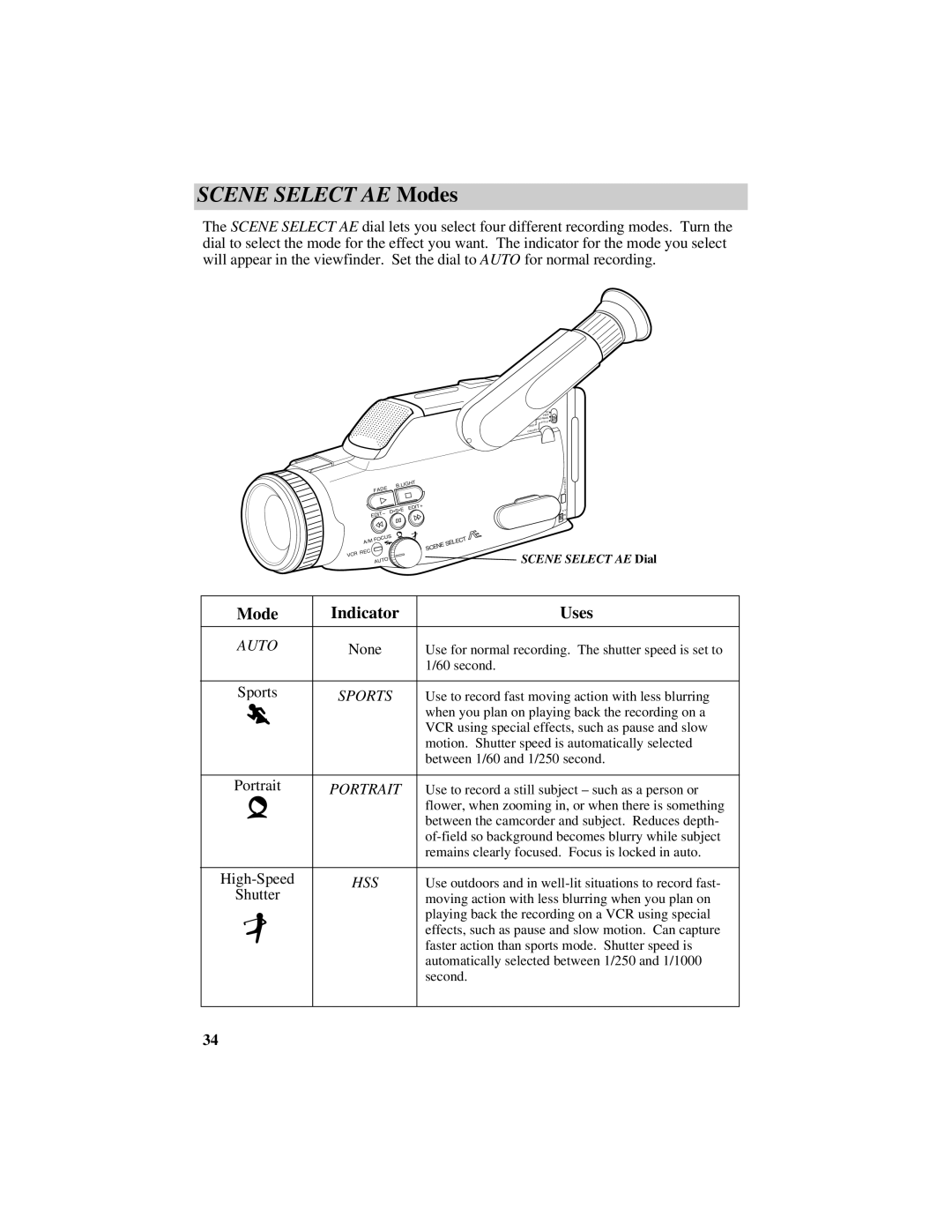 RCA Pro809 specifications Scene Select AE Modes, Indicator Uses Mode 