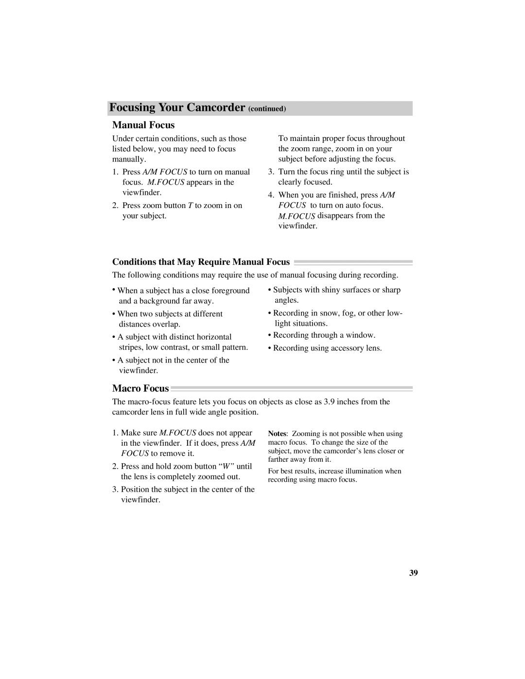 RCA Pro809 specifications Macro Focus, Conditions that May Require Manual Focus 