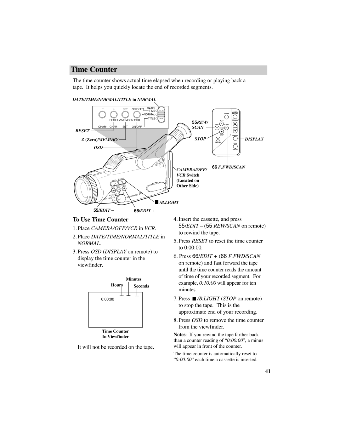 RCA Pro809 specifications To Use Time Counter, Place CAMERA/OFF/VCR in VCR Place DATE/TIME/NORMAL/TITLE 