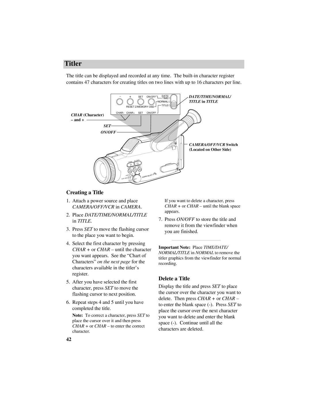 RCA Pro809 specifications Titler, Creating a Title, Delete a Title, Place DATE/TIME/NORMAL/TITLE in Title 