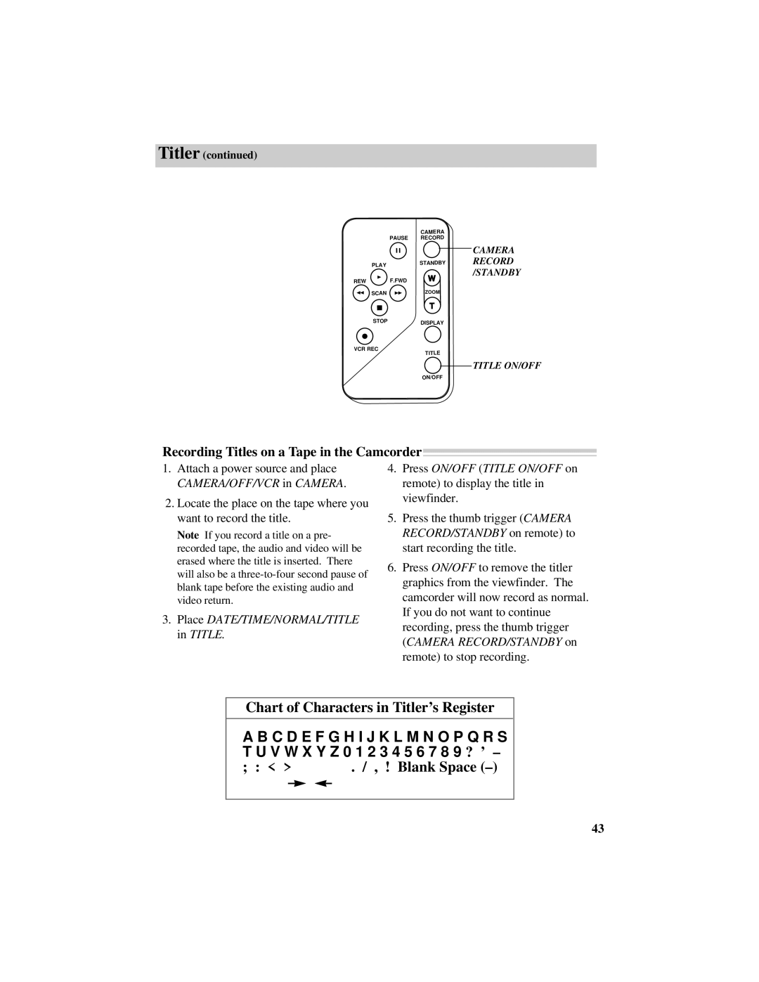 RCA Pro809 Chart of Characters in Titler’s Register, Blank Space, Recording Titles on a Tape in the Camcorder 