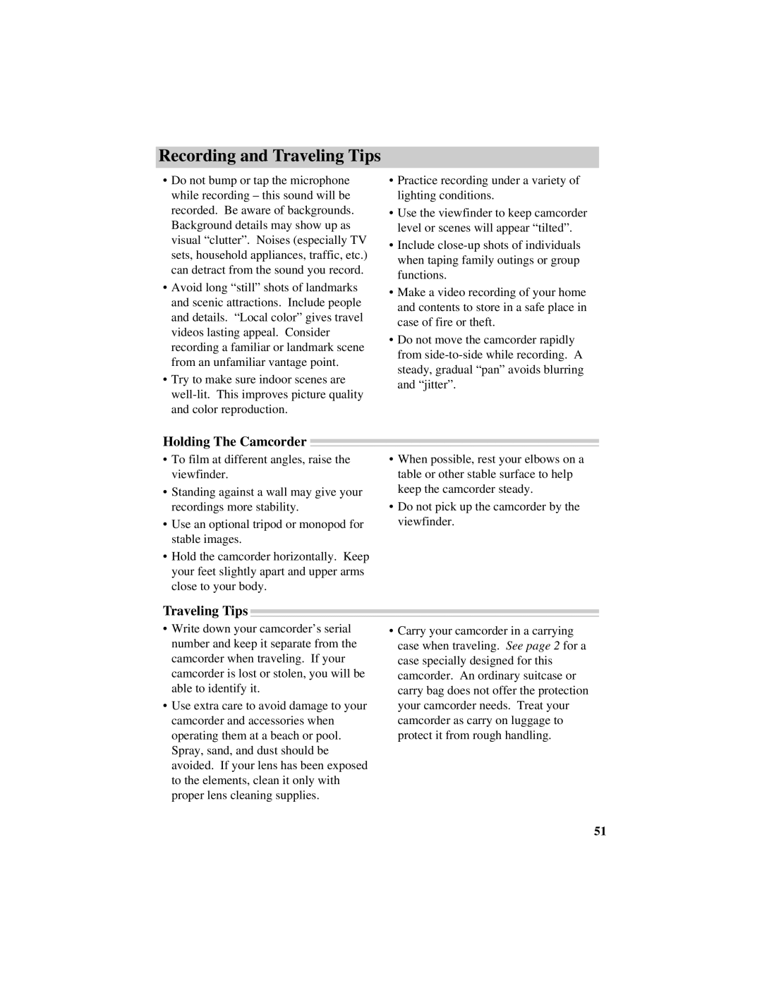 RCA Pro809 specifications Recording and Traveling Tips, Holding The Camcorder 